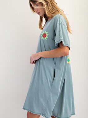 EASEL SILK SCREEN FLORAL PRINT WASHED TUNIC DRESS 100% COTTON